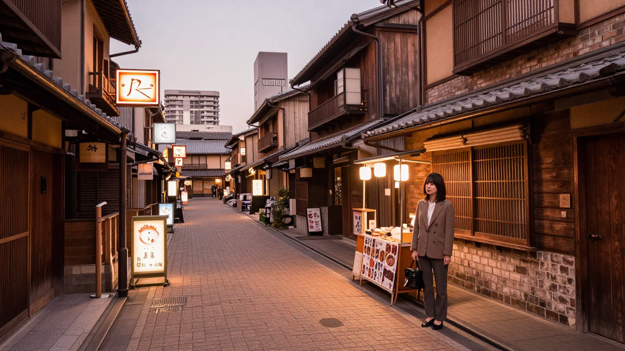 Osaka Japan Street Scene Before Dusk with Neon Signs and Traditional Architecture in in Osaka, Japan