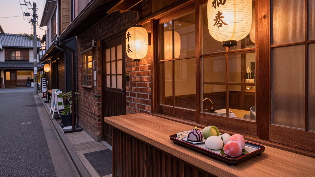 Osaka Japan Street Scene Before Dusk with Traditional Wagashi Sweets and Matcha Tea in in Osaka, Japan