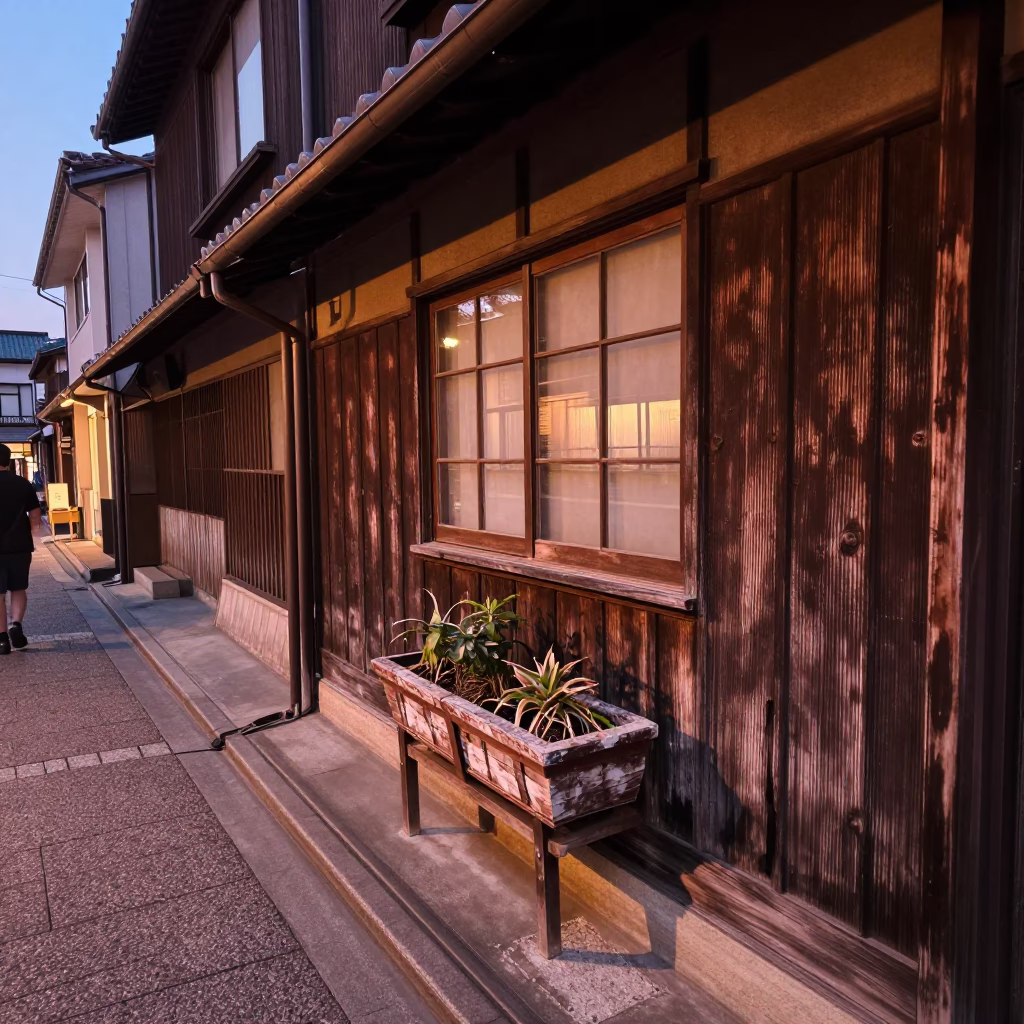 Osaka Japan Street Scene Before Dusk with Window Box and Gerenuk in in Osaka, Japan