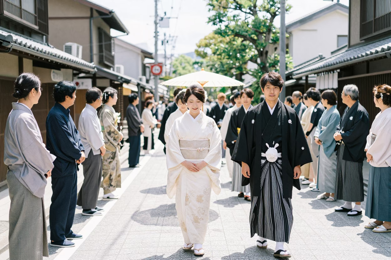 Osaka Japan Street Scene Bright Midmorning Light Traditional Wedding Procession in in Osaka, Japan