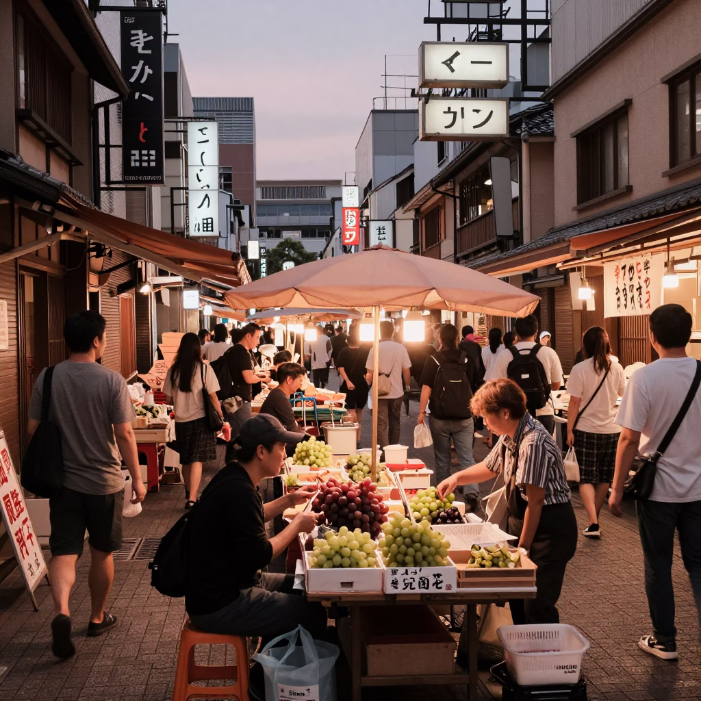 Osaka Japan Street Scene Copper Dusk Light Busy Market Vendor and Pedestrians in in Osaka, Japan