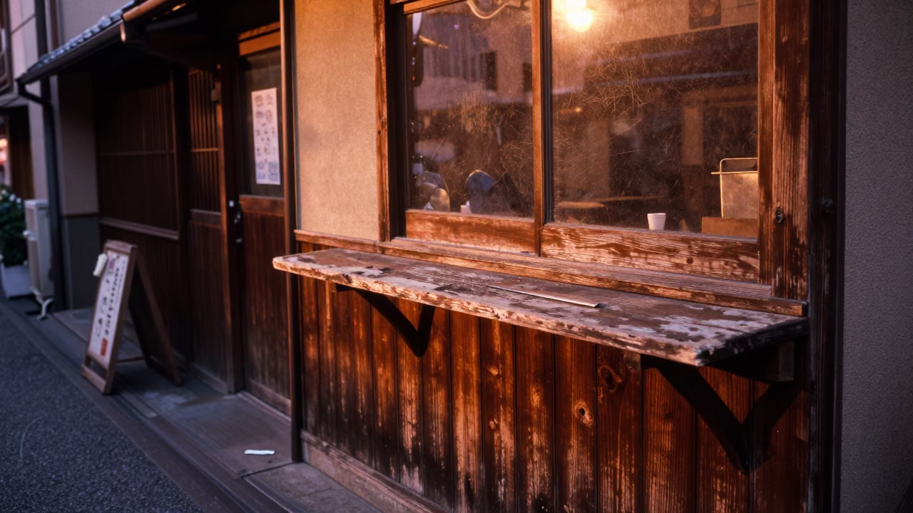 Osaka Japan street scene copper-toned dusk light with worn wood and rattan chair in in Osaka, Japan