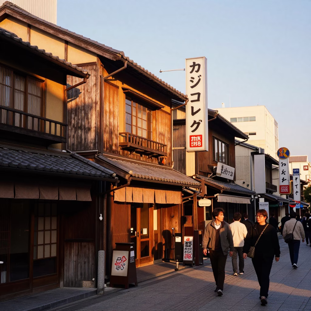 Osaka Japan street scene honeyed evening light traditional architecture and urban life in in Osaka, Japan