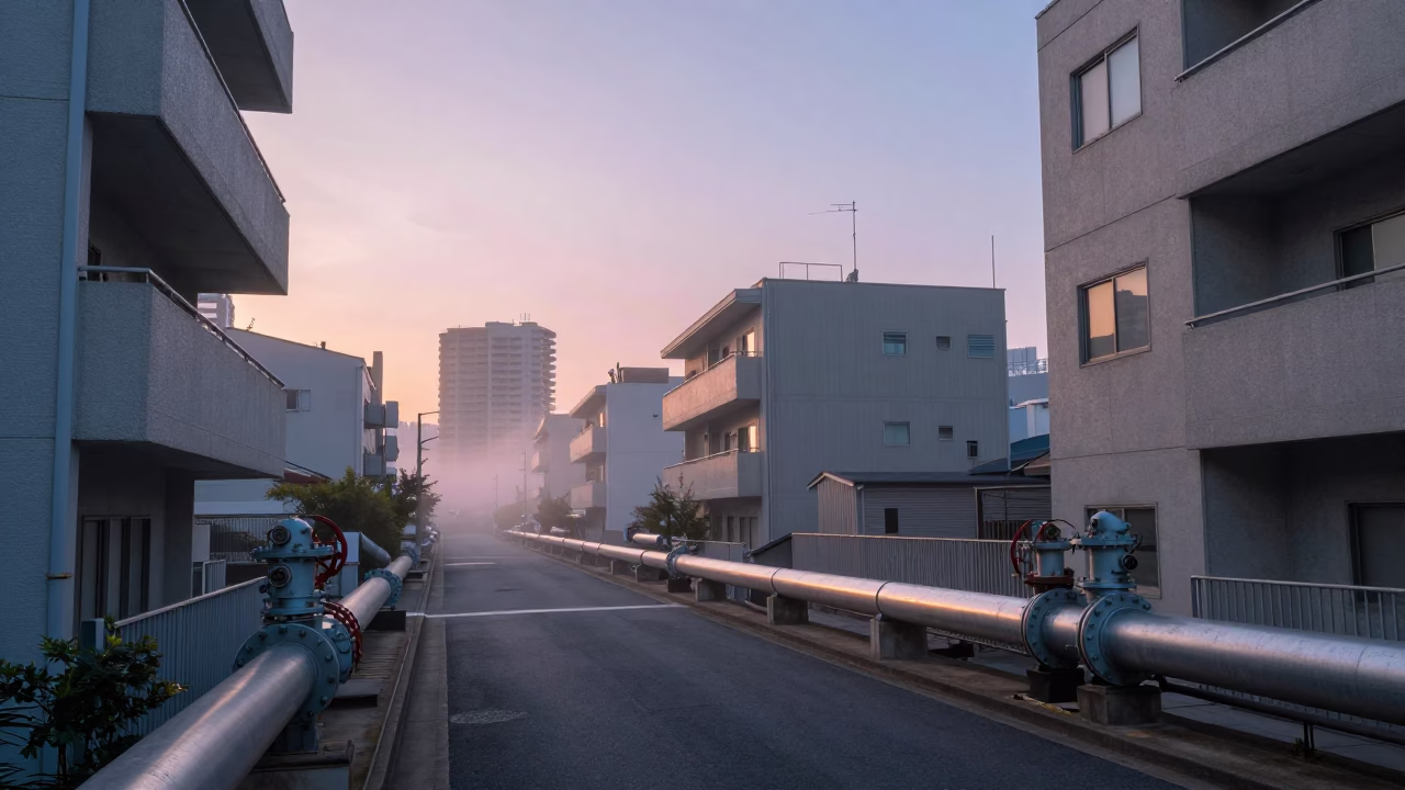 Osaka Japan Street Scene Just After Sunrise with District Heating Pipes and Urban Life in in Osaka, Japan