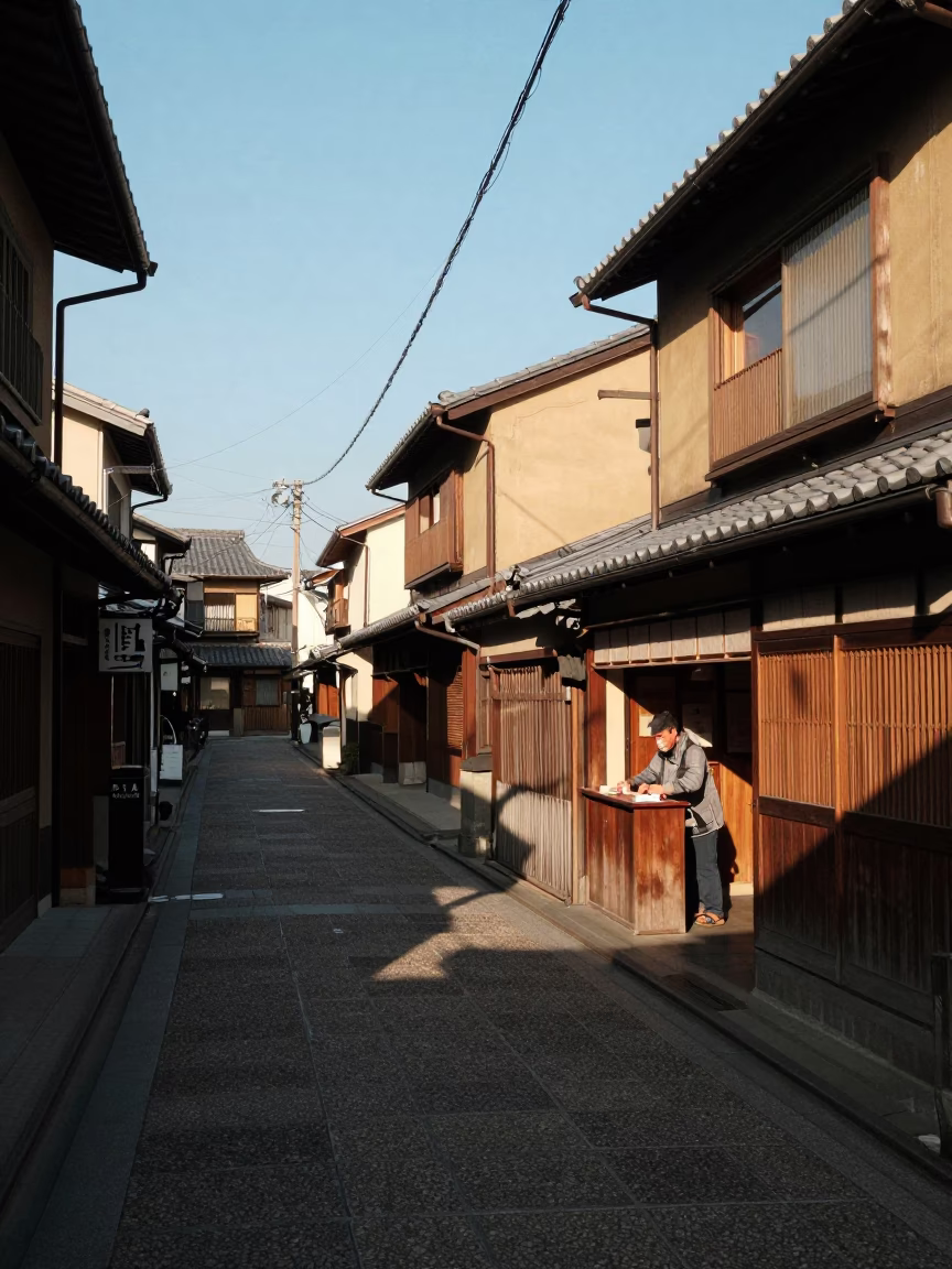 Osaka Japan street scene late afternoon light with traditional architecture and daily life in in Osaka, Japan