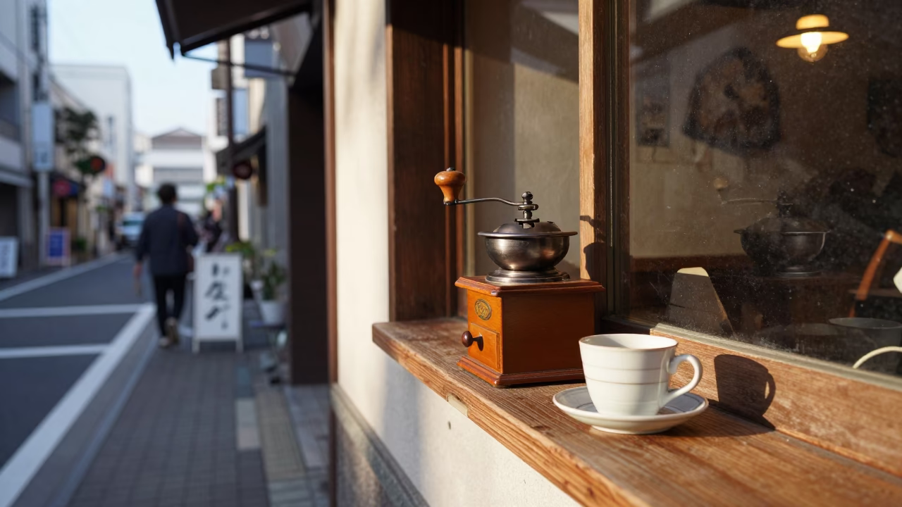 Osaka Japan Street Scene Late Afternoon Light with Vintage Coffee Grinder in in Osaka, Japan