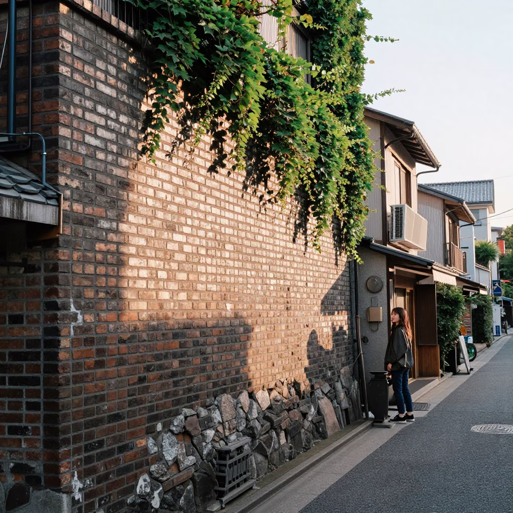 Osaka Japan Street Scene Morning Light with Brick Wall and Ivy in in Osaka, Japan