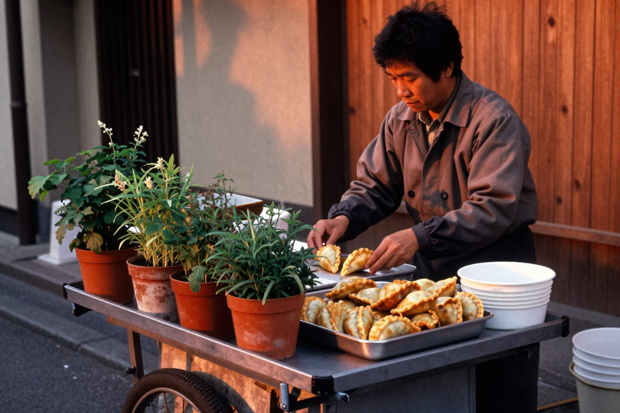 Osaka Japan Street Scene with Potted Herbs and Junk Boat at Dusk in in Osaka, Japan