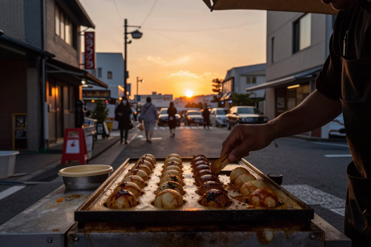 Osaka Japan Street Scene with Takoyaki Grill at Sunset in in Osaka, Japan