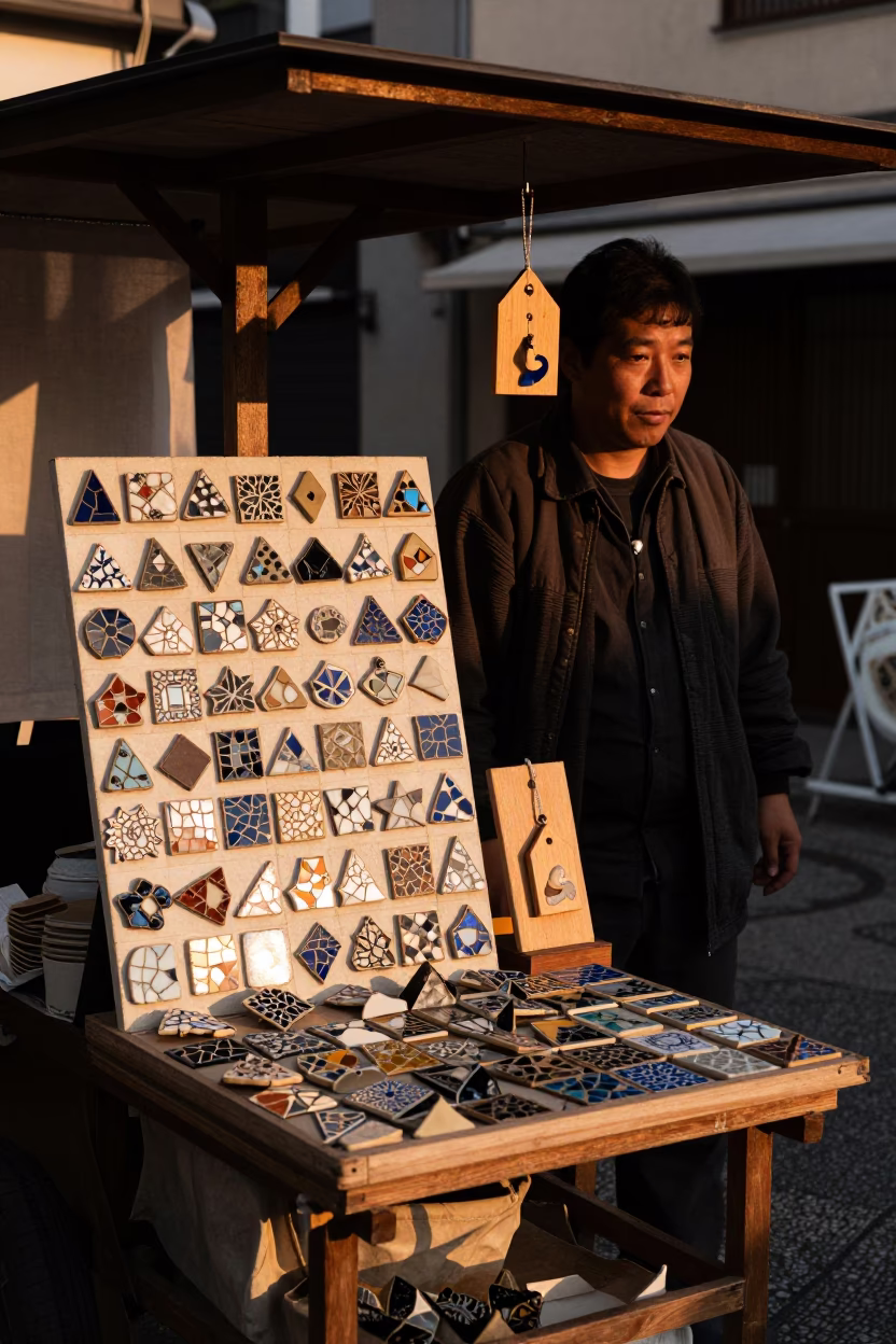 Osaka Japan Street Vendor Sunset Mosaic Tile Fragments Amulet Display in in Osaka, Japan