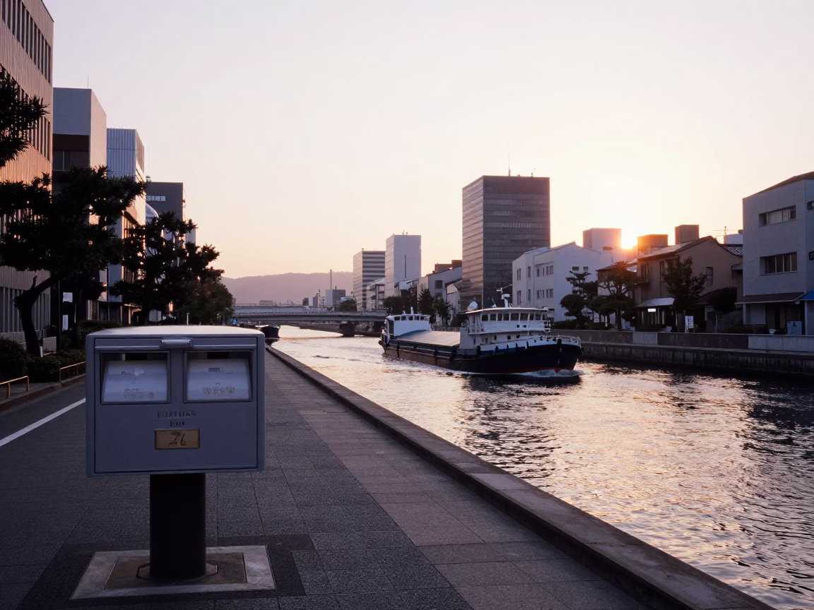 Osaka Japan Sunrise Street Scene with Mailbox and Canal Barge in in Osaka, Japan