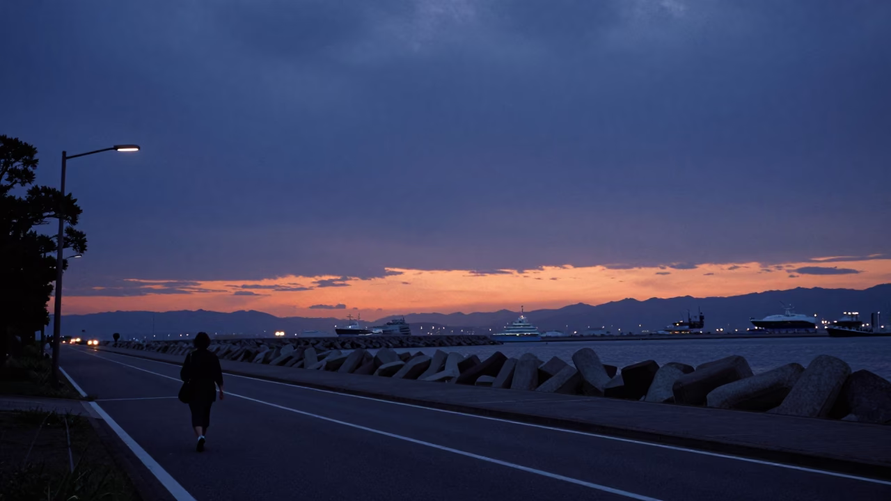 Osaka Japan Sunset Street Scene with Blue Hour Sky and Harbor Breakwater in in Osaka, Japan