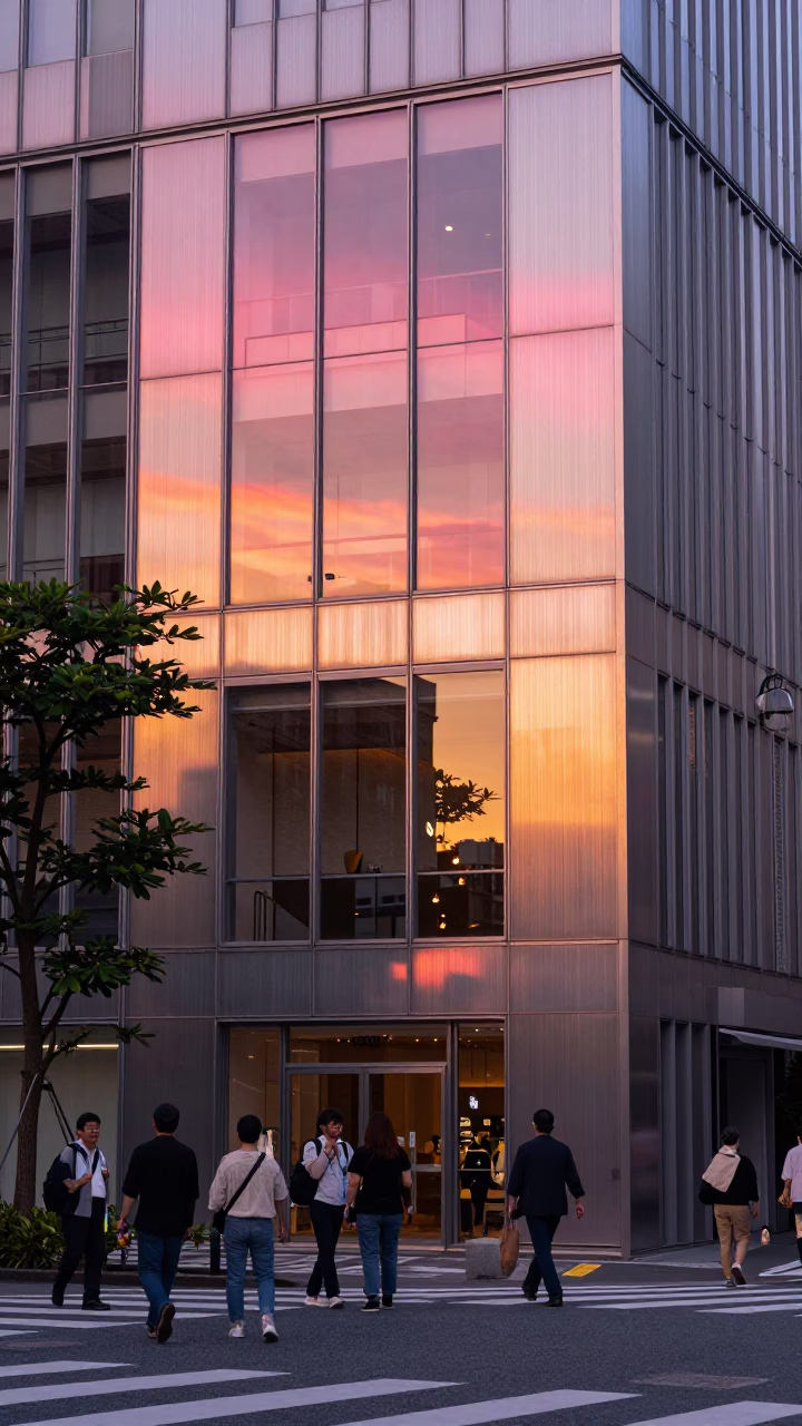 Osaka Japan Sunset Street Scene with Brushed Steel Reflections and Urban Life in in Osaka, Japan
