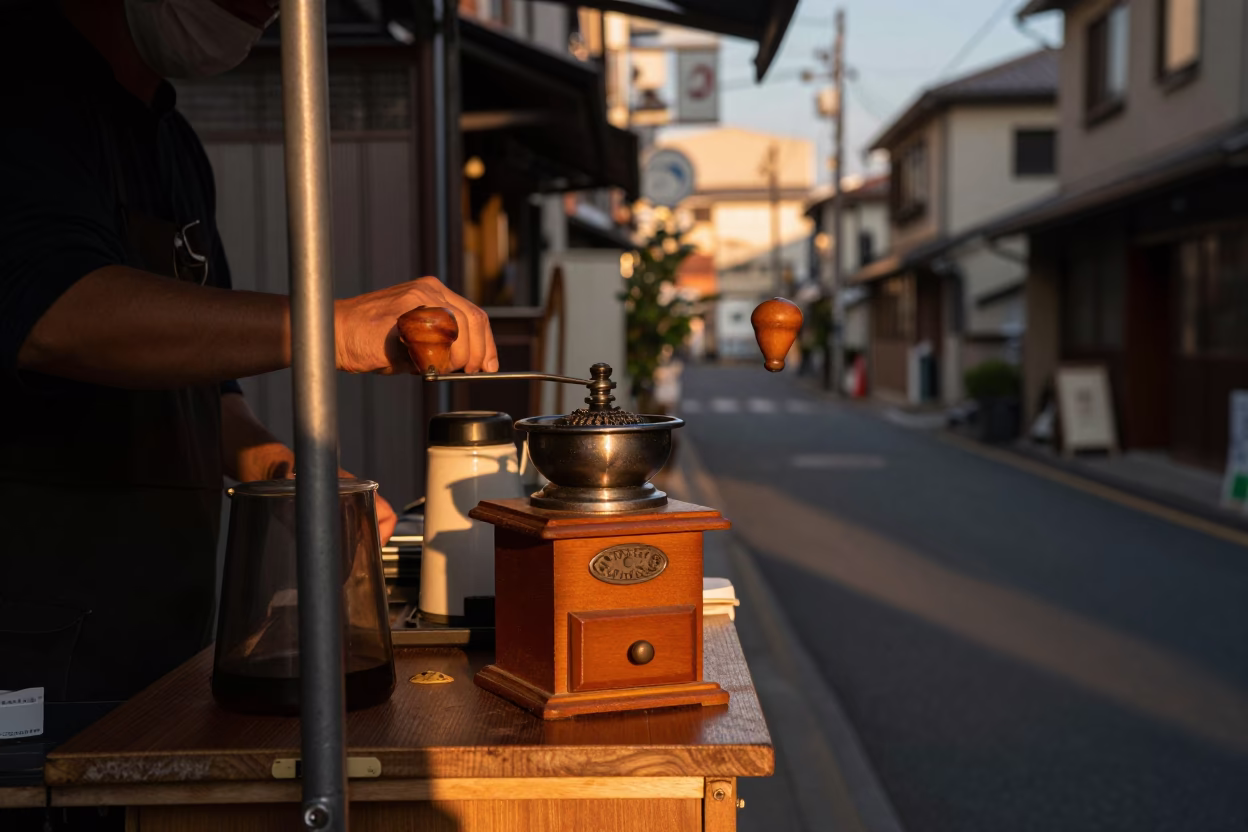 Osaka Japan Sunset Street Scene with Coffee Grinder and Polished Brass Stool Leg in in Osaka, Japan