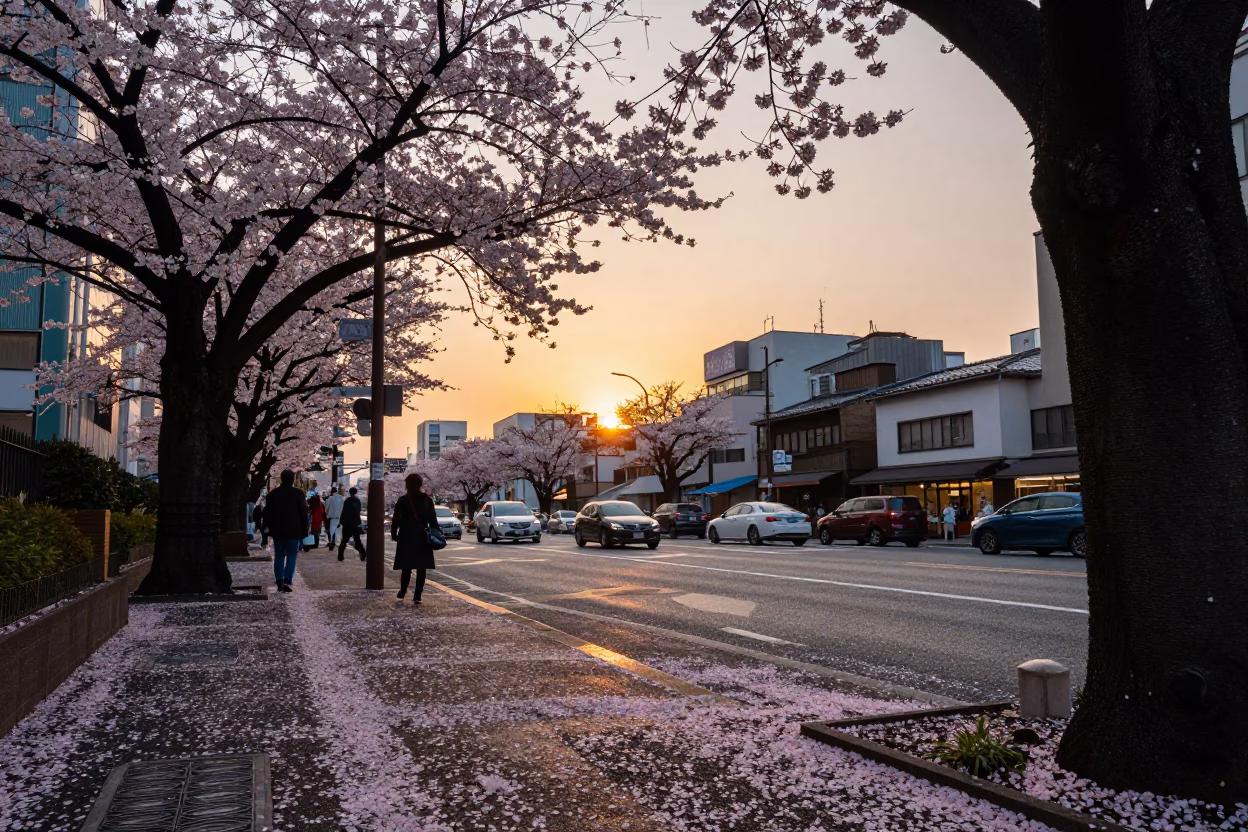 Osaka Japan Sunset Street Scene with Fallen Cherry Blossoms and Urban Life in in Osaka, Japan
