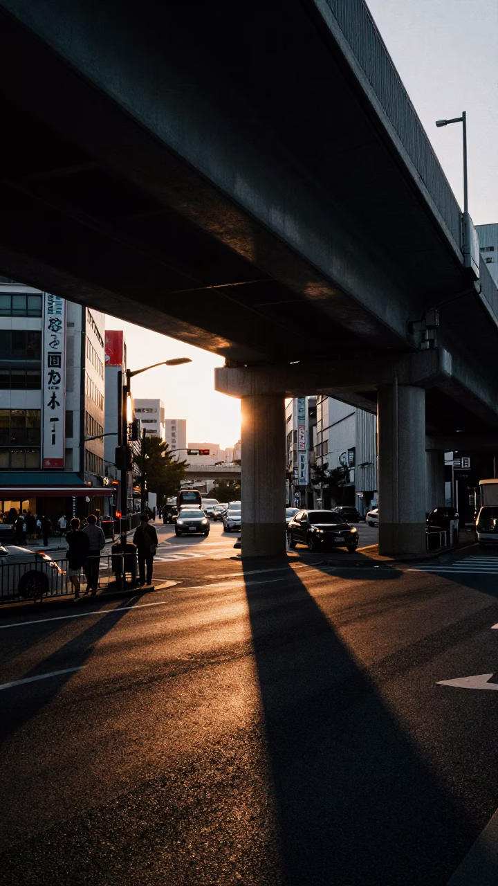 Osaka Japan Sunset Street Scene with Flyover Shadows and Urban Life in in Osaka, Japan