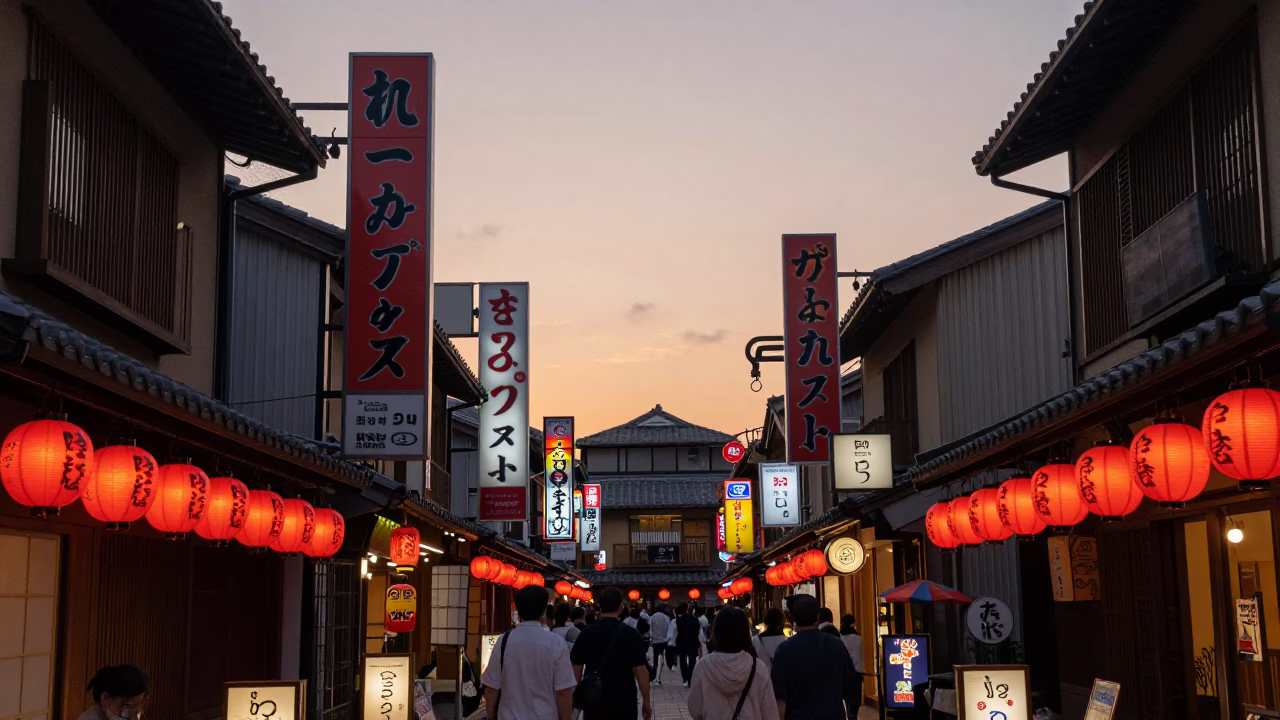 Osaka Japan Sunset Street Scene with Neon Signs and Traditional Lanterns in in Osaka, Japan