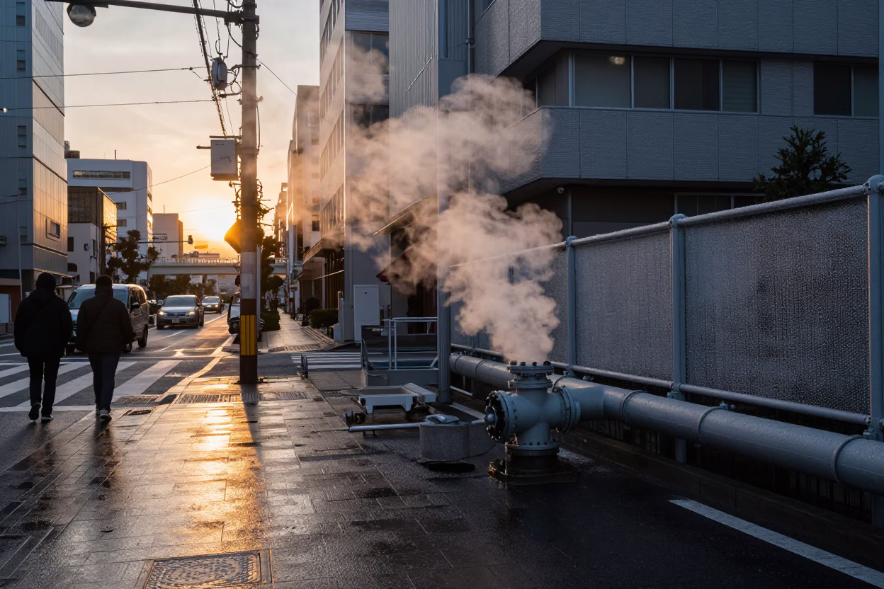 Osaka Japan Sunset Street Scene with Steam and Urban Details in in Osaka, Japan