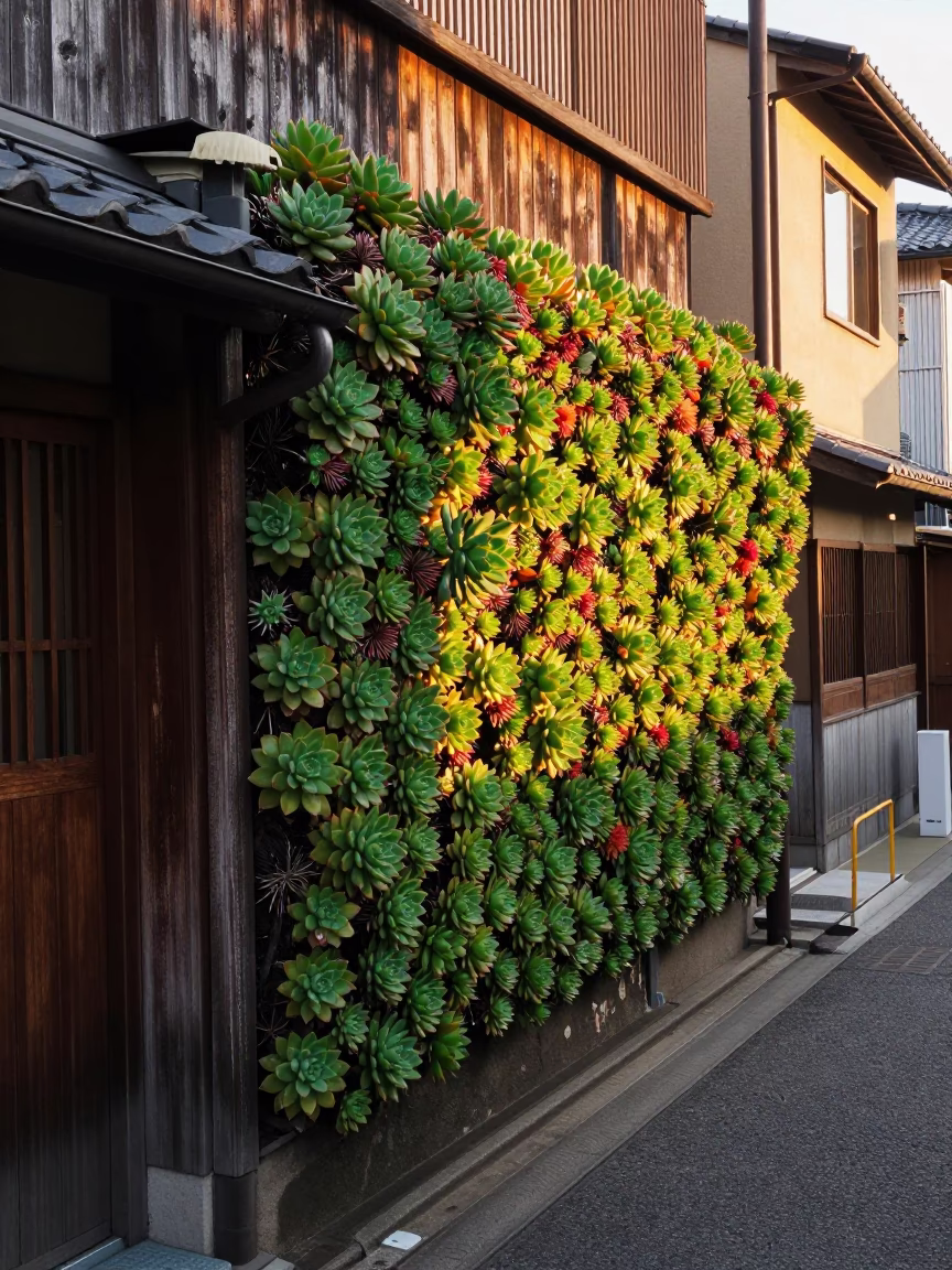 Osaka Japan Sunset Street Scene with Succulent Living Wall and Traditional Architecture in in Osaka, Japan