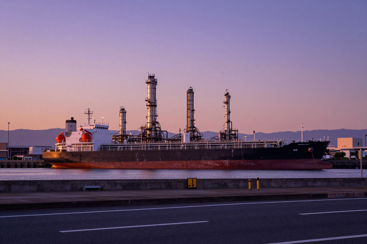 Osaka Japan Sunset Street Scene with Tanker Ship at Refinery Dock in in Osaka, Japan