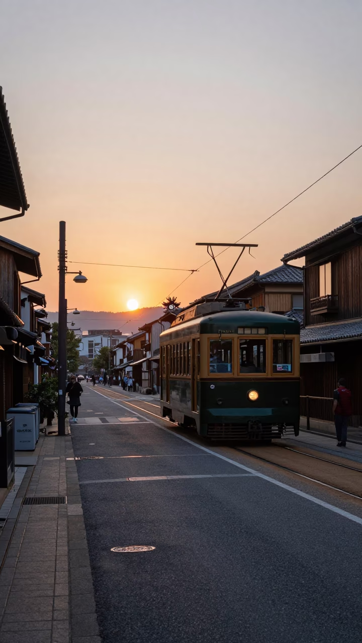 Osaka Japan Sunset Street Scene with Tramcar and Traditional Architecture in in Osaka, Japan