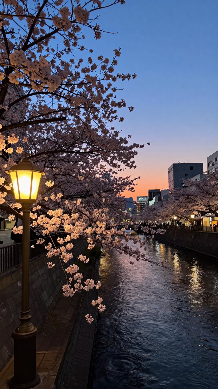 Osaka Japan Twilight Canal Cherry Blossoms Brass Lantern and Urban Street Scene in in Osaka, Japan