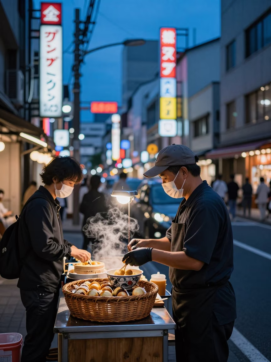 Osaka Japan Twilight Street Scene with Basket and Neon Lights in in Osaka, Japan
