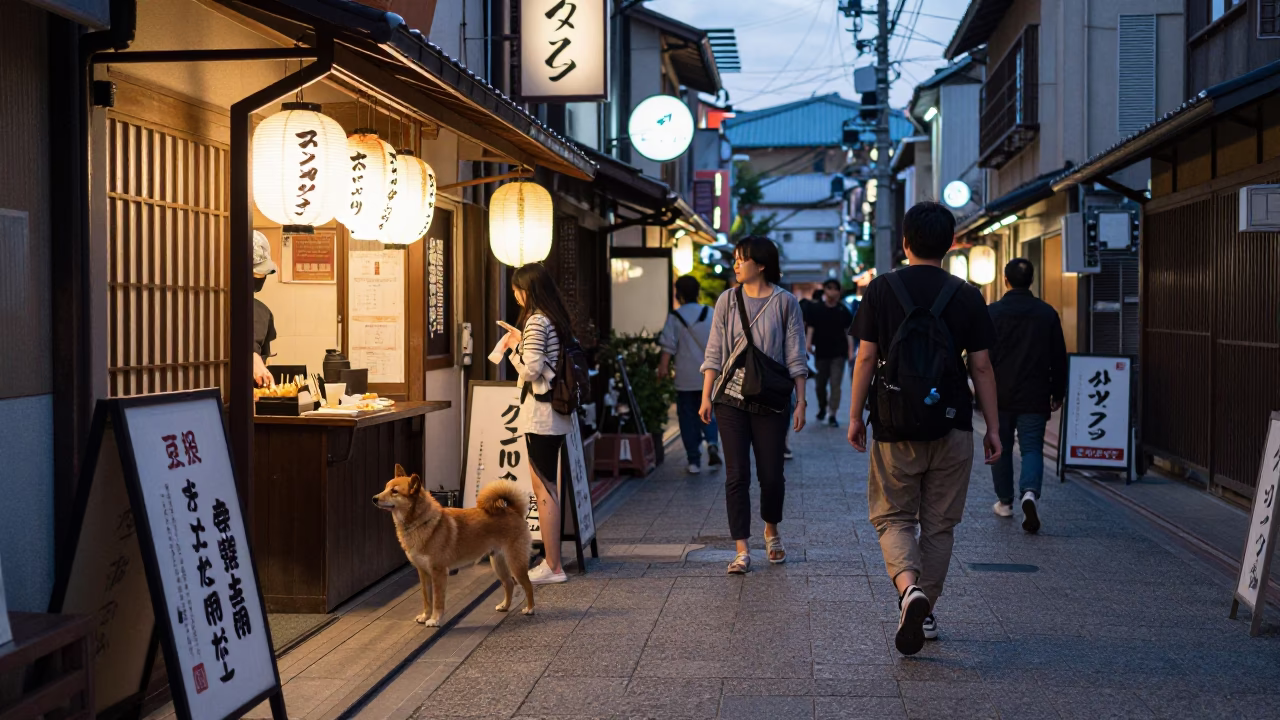 Osaka Japan Twilight Street Scene with Brown Dog and Local Diners in in Osaka, Japan