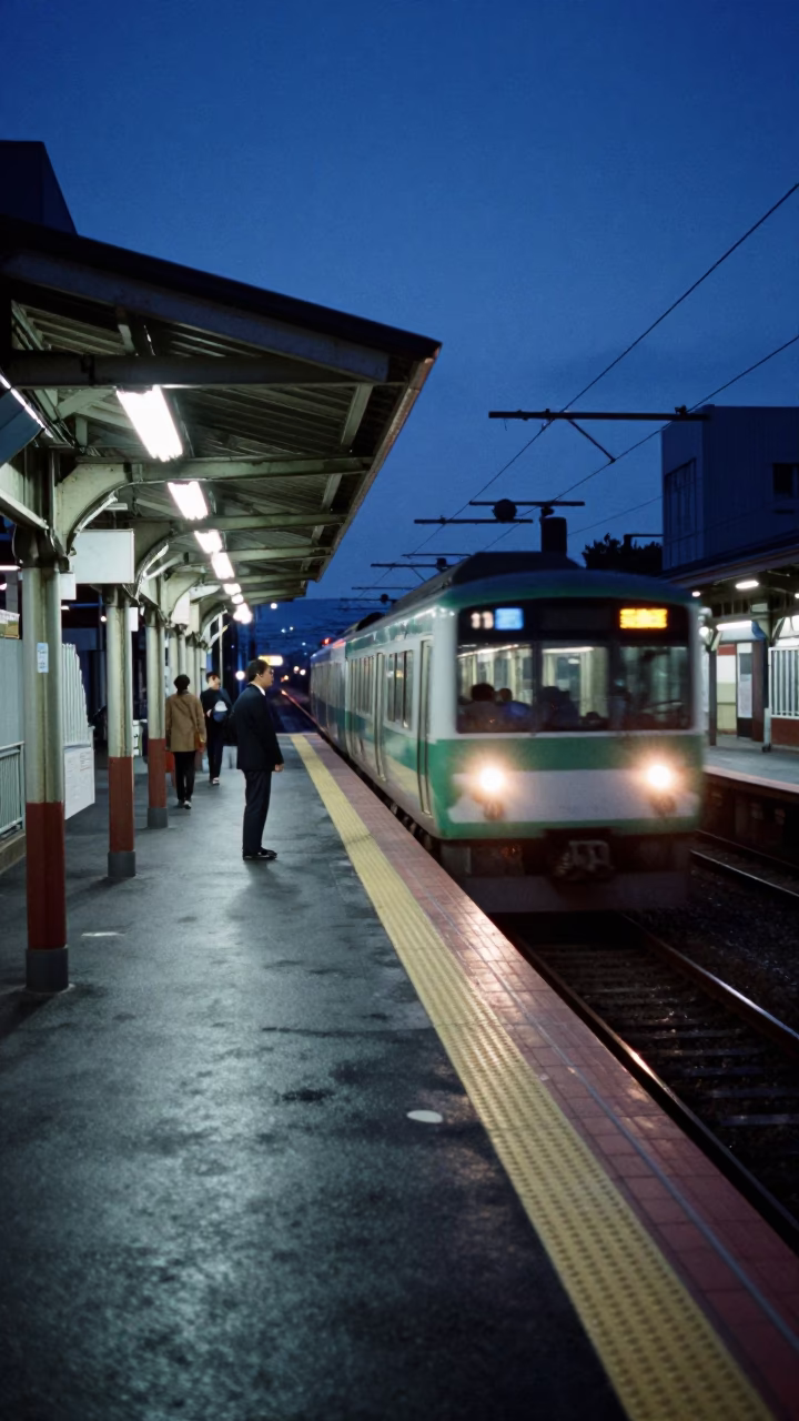 Osaka Japan Twilight Street Scene with Bullet Train Blur and Suburban Platform Activity in in Osaka, Japan