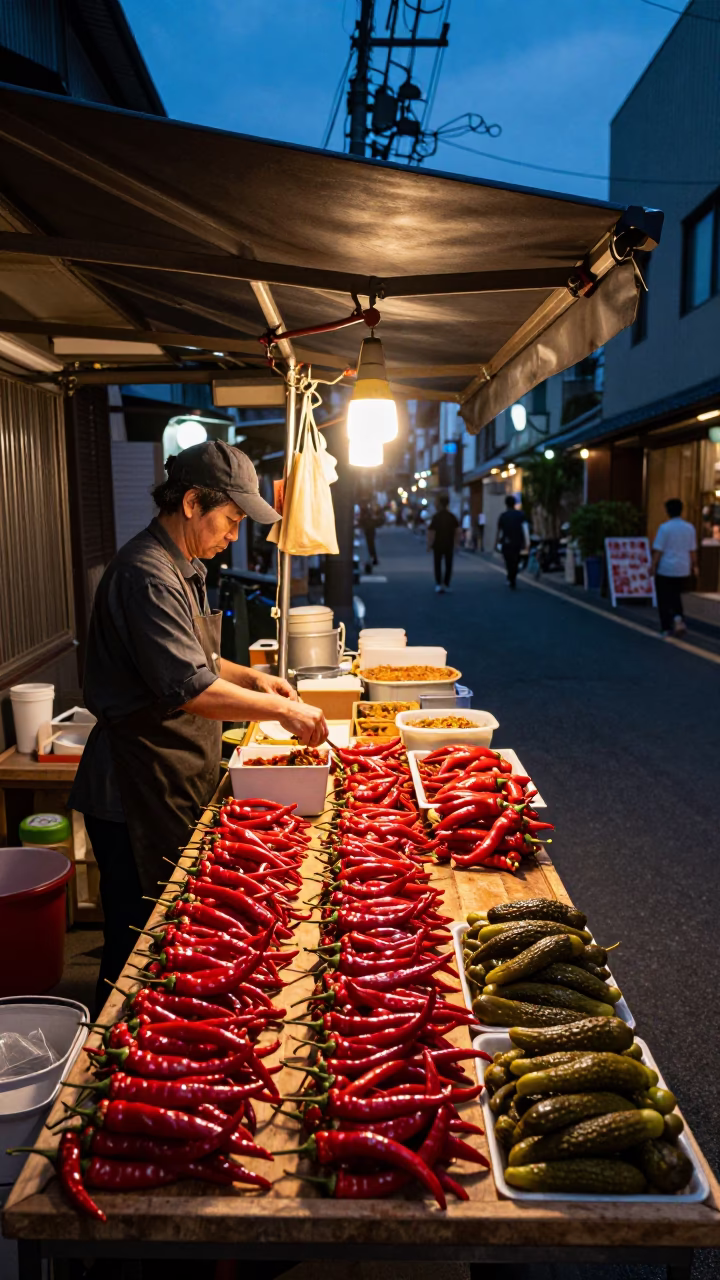 Osaka Japan Twilight Street Scene with Chili Peppers and Pickle Jar in in Osaka, Japan