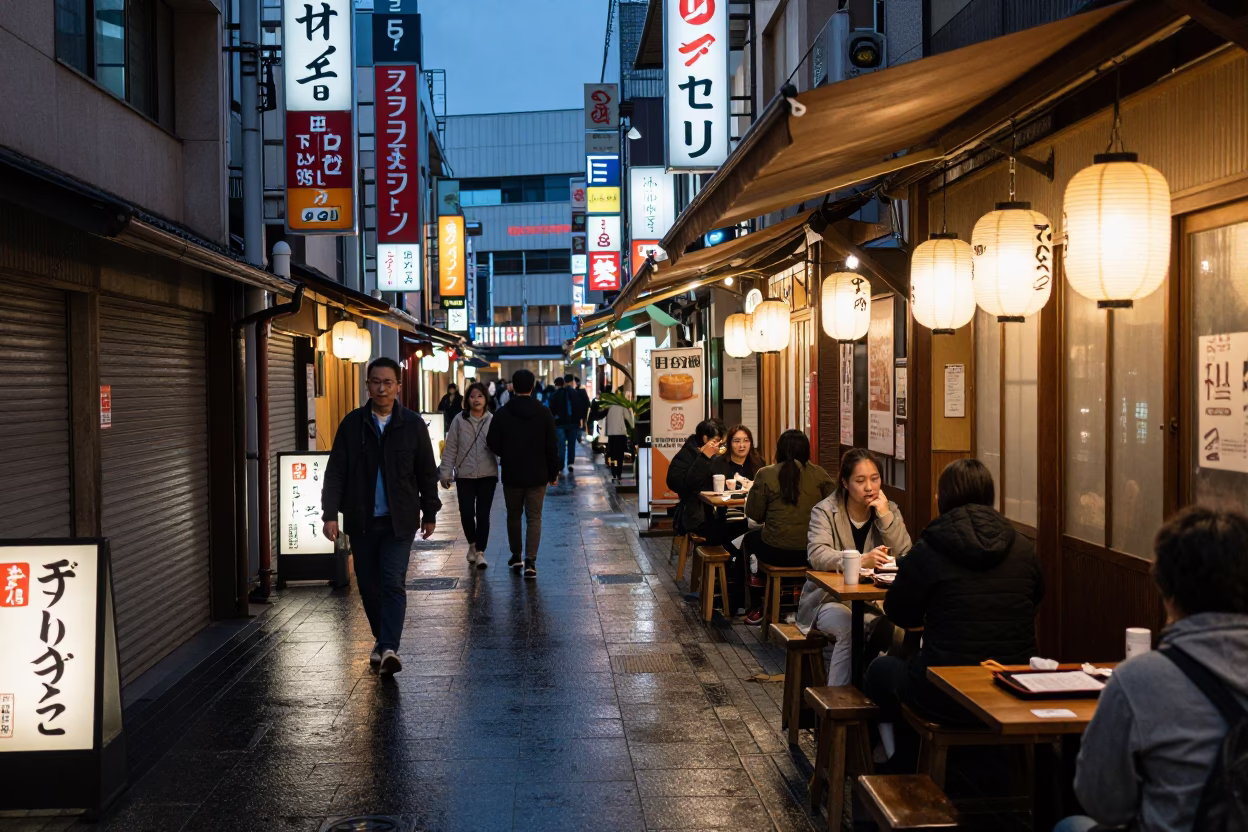 Osaka Japan Twilight Street Scene with Local Dining and Urban Life in in Osaka, Japan