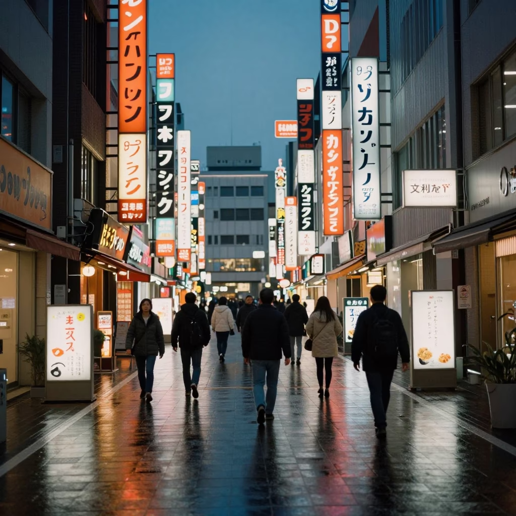 Osaka Japan Twilight Street Scene with Neon Signs and Urban Life in in Osaka, Japan