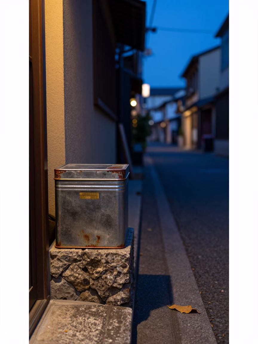 Osaka Japan Twilight Street Scene with Tin Box and Leaf Shadows in in Osaka, Japan