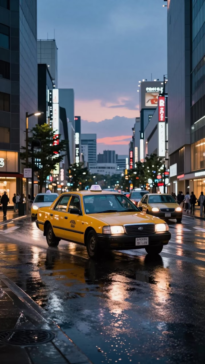 Osaka Japan Twilight Street Scene with Yellow Taxi and Urban Infrastructure in in Osaka, Japan