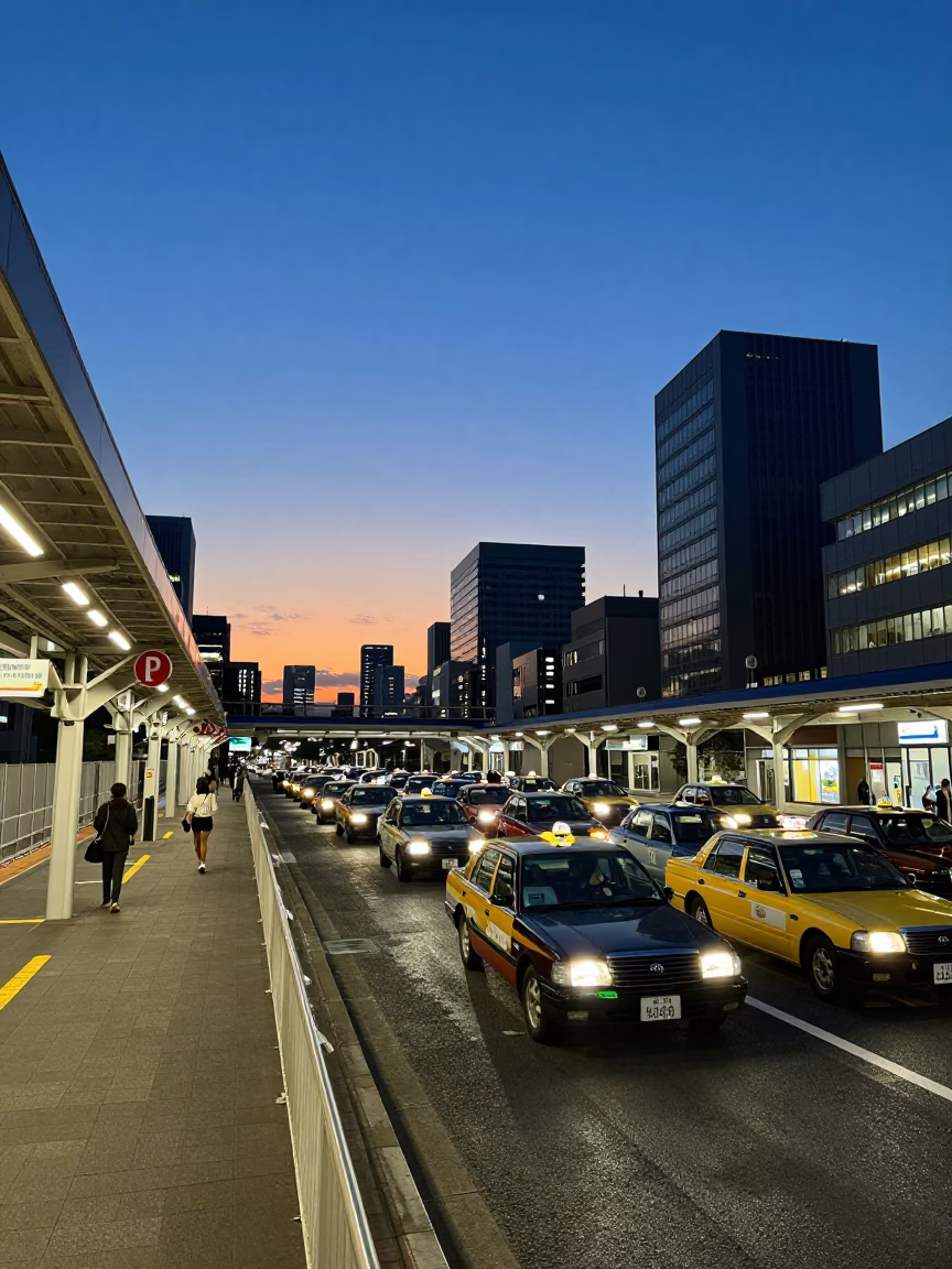 Osaka Japan Twilight Taxi Rank at Station with Dusk Sky in in Osaka, Japan