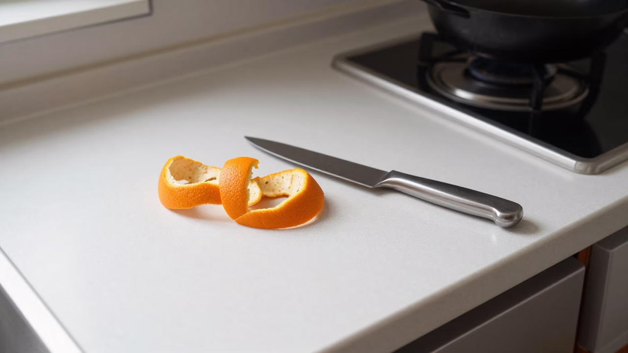 Osaka kitchen counter with orange peel and fruit knife in in Osaka, Japan