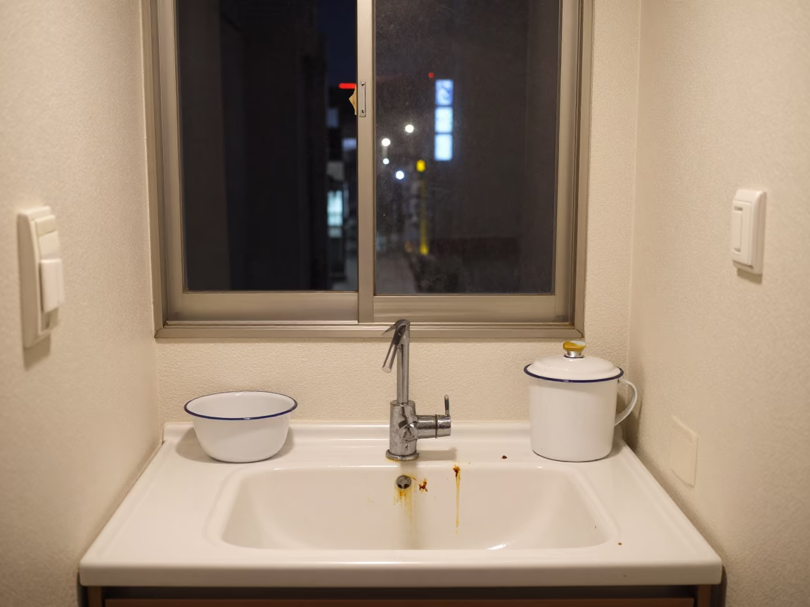 Osaka Kitchen Interior at Night with Enamel Utensils and Hanging Towels in in Osaka, Japan