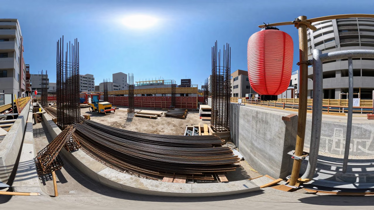 Osaka Midday Construction Site with Rebar and Paper Lanterns in in Osaka, Japan
