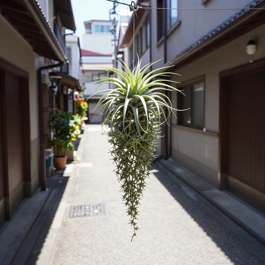 Osaka Midday Street Scene with Hanging Air Plant and Sewing Scissors in in Osaka, Japan