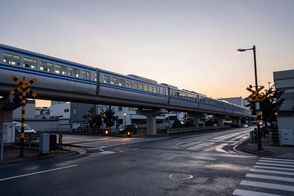 Osaka Monorail Crossing Urban Street Before Sunrise with Rooftop Water Tower in in Osaka, Japan
