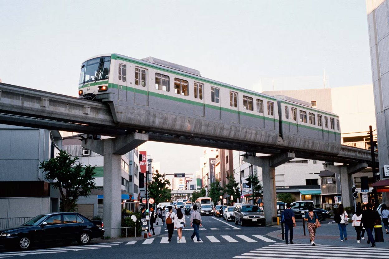 Osaka Monorail Passing Over Busy Street with Pedestrians and Urban Architecture in Early Afternoon in in Osaka, Japan