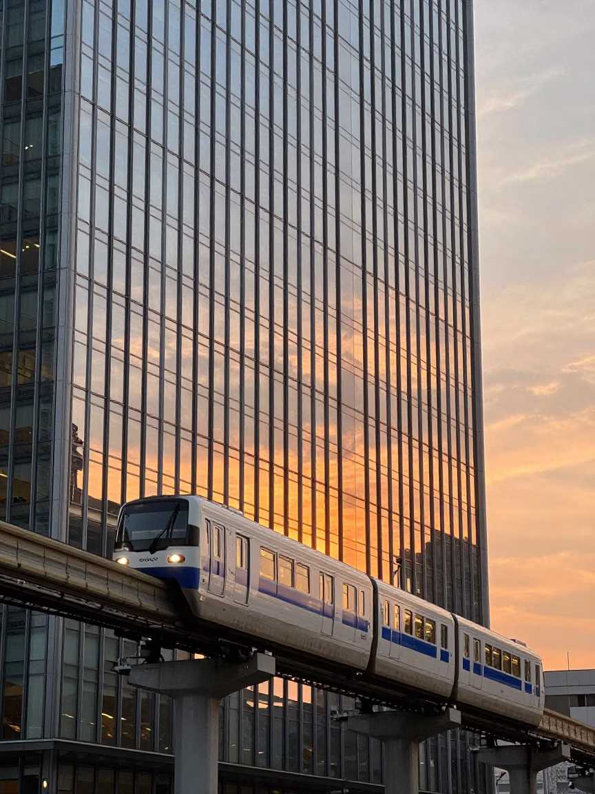 Osaka Monorail Reflection in Glass Skyscraper at Sunset in in Osaka, Japan