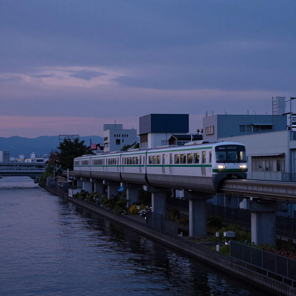Osaka Monorail Sweeping Above River at Blue Hour Before Sunrise in in Osaka, Japan
