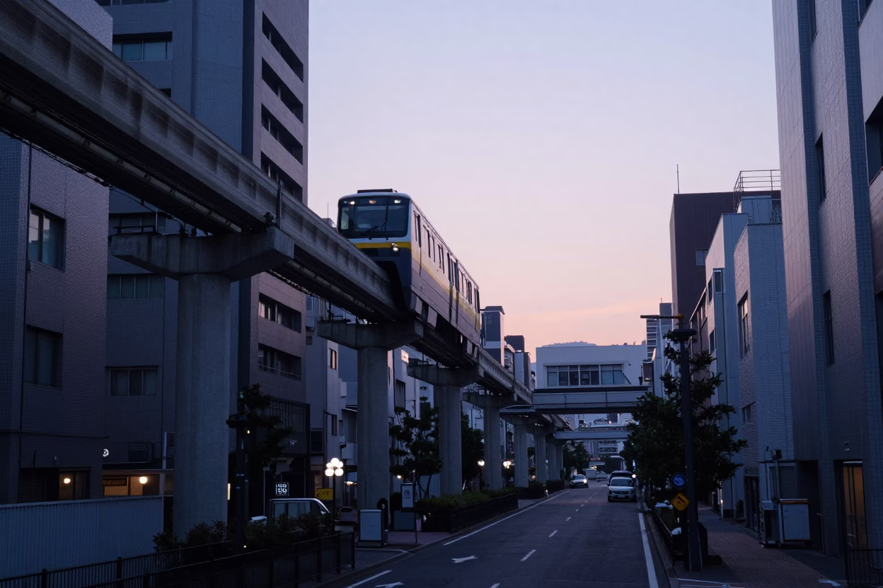 Osaka Monorail Track Above City Street at Dawn Before Sunrise in in Osaka, Japan