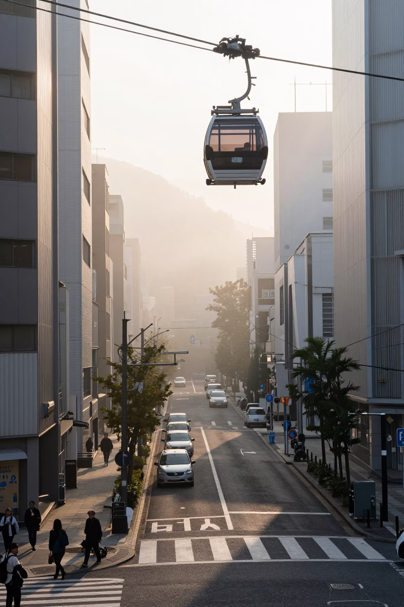 Osaka Morning Street Scene with Aerial Tramway Gondola Above Fog and Urban Activity in in Osaka, Japan