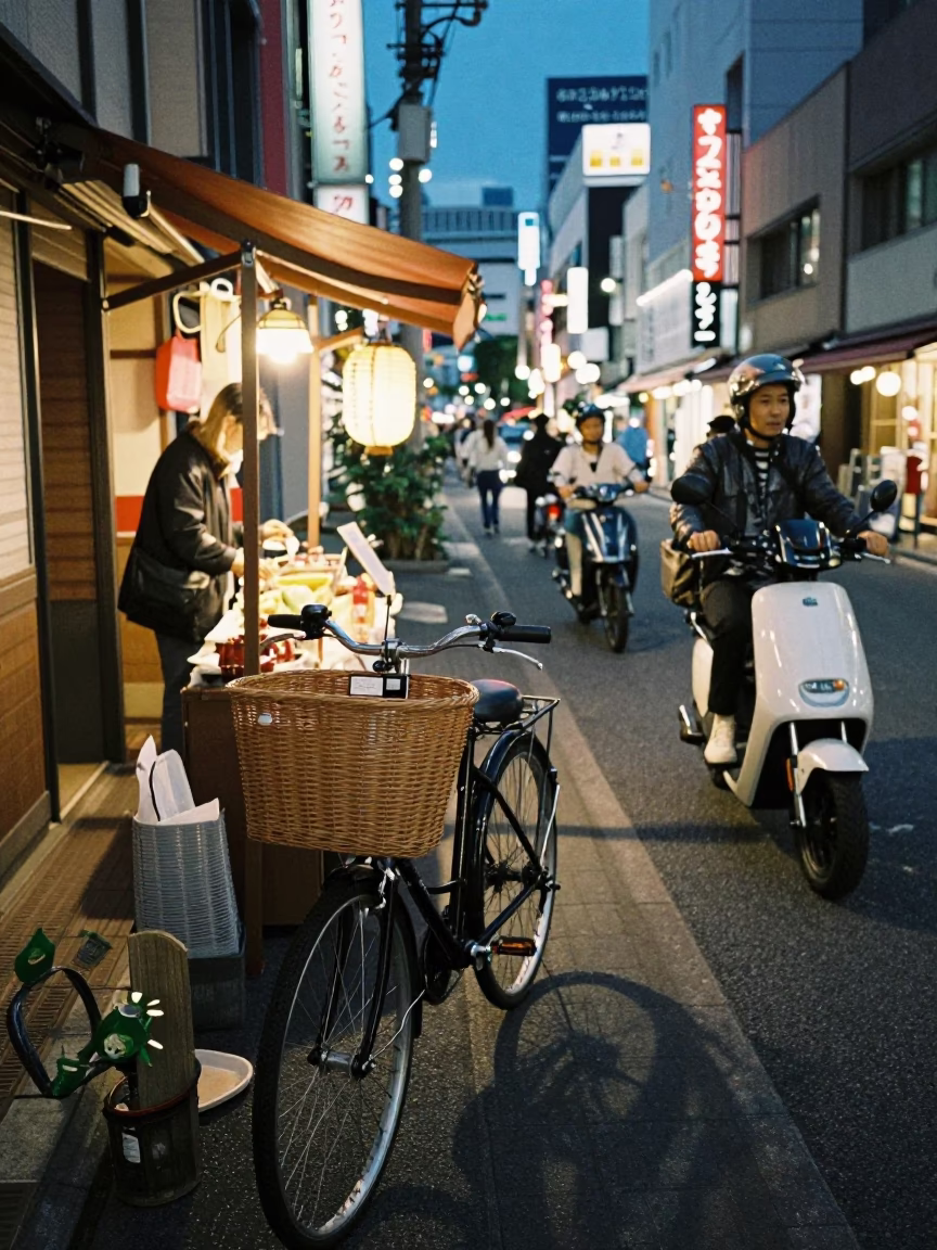 Osaka Night Street Scene with Bicycle Basket and Electric Kettle in 1980s Japan in in Osaka, Japan