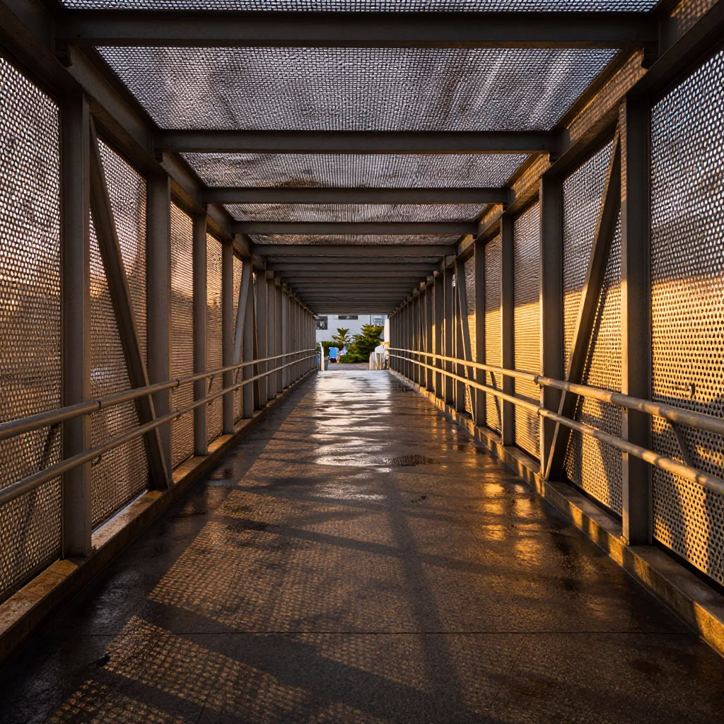 Osaka Pedestrian Overpass at Dusk with Perforated Metal and Wet Footsteps in in Osaka, Japan