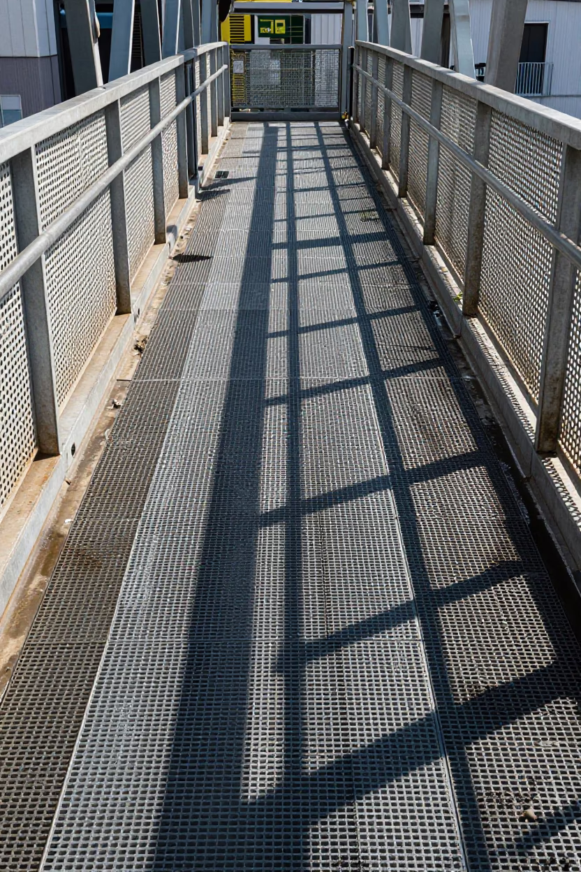 Osaka Pedestrian Overpass Perforated Metal Wet Footsteps Bright Midmorning in in Osaka, Japan