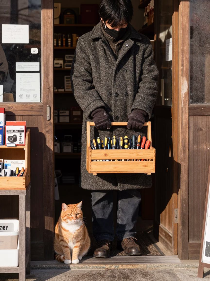 Osaka shopkeeper and orange cat in winter noon light in in Osaka, Japan
