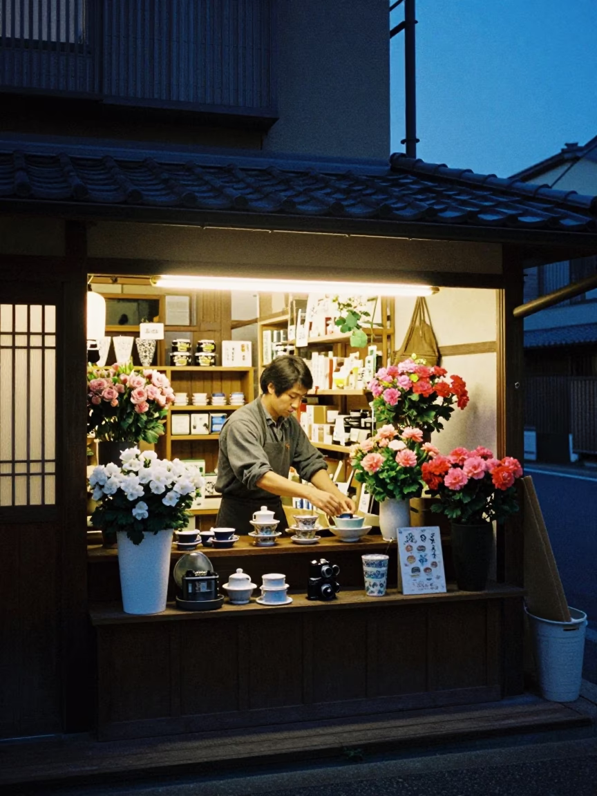 Osaka shopkeeper arranging tea and geraniums in indigo twilight in in Osaka, Japan